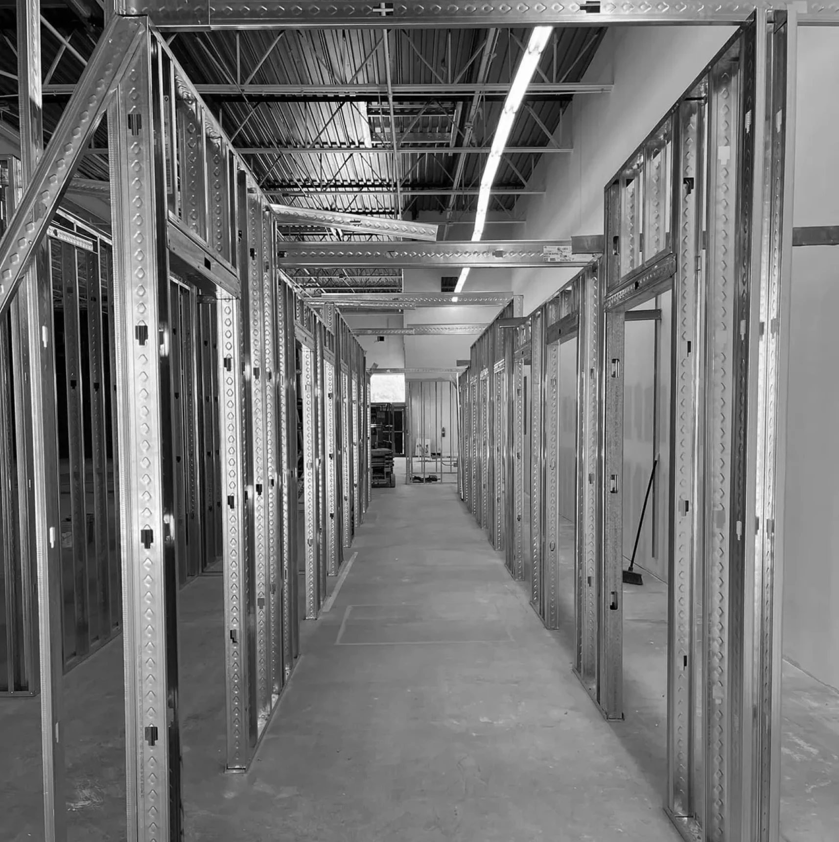 Steel framework in unfinished hallway